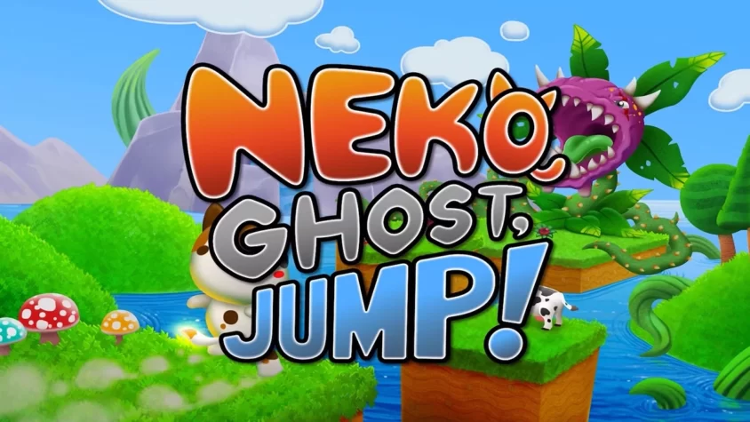 Обложка игры Neko Ghost, Jump! с мультяшным котом, гигантским растением и грибочками на фоне островов в стиле платформера