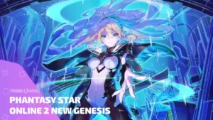 Арт персонажа из Phantasy Star Online 2 New Genesis на фоне цифрового мира — промо Prime Gaming