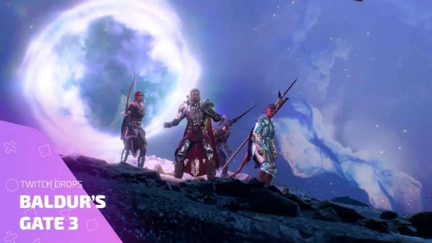Twitch Drops в Baldur’s Gate 3 — герои на фоне портала в космос