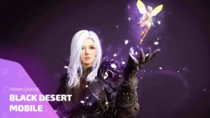 Персонаж из Black Desert Mobile с феей и подарками Prime Gaming на фоне