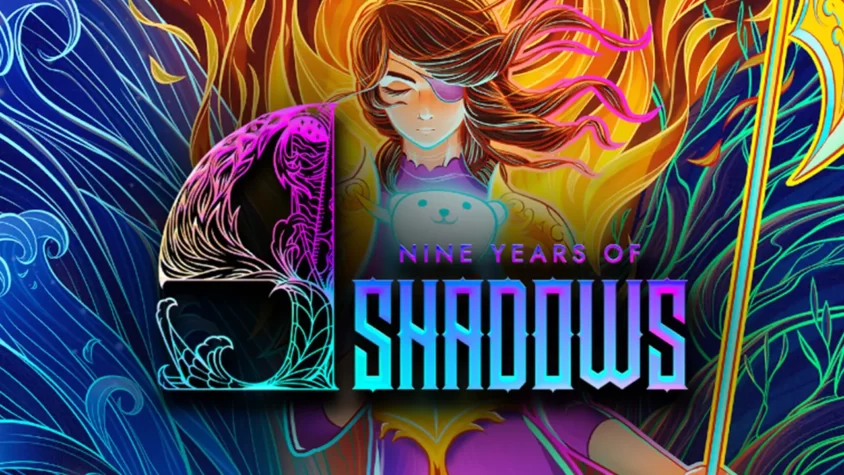 Фирменный арт 9 Years of Shadows с героиней и визуальным безумием Обложка 9 Years of Shadows с героиней, позирующей с пушистым талисманом на фоне эпилептического кошмара из света и цвета