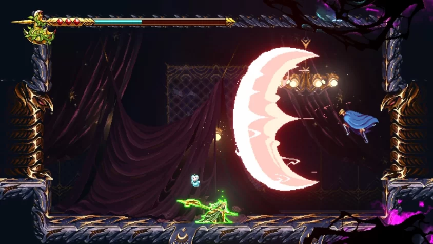 Героиня 9 Years of Shadows атакует врага гигантской светящейся волной в готическом театре