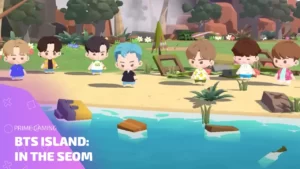 Персонажи BTS Island In the SEOM на пляже во время раздачи Prime Gaming