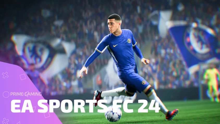 Игрок из EA SPORTS FC 24 бьёт по мячу на стадионе — Prime Gaming дарит паки и бонусы