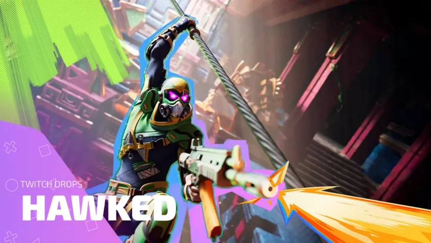 HAWKED — обложка для материала о Twitch Drops Игрок в маске с оружием из HAWKED получает Twitch Drops на фоне храма