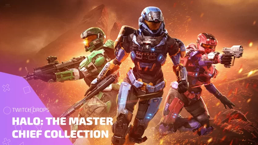 Twitch Drops Halo The Master Chief Collection — спартанцы с оружием на фоне битвы