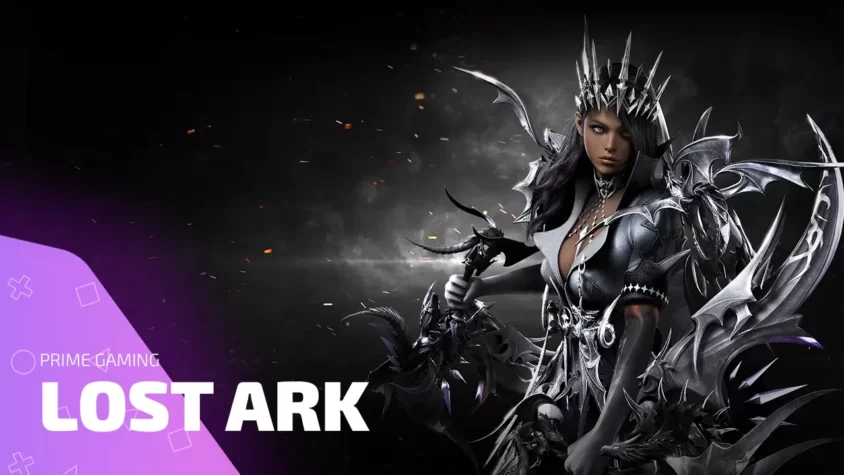 Prime Gaming Lost Ark — эксклюзивная обложка с героем в броне и дропами Prime Gaming Lost Ark — персонаж в чёрных доспехах с короной и оружием