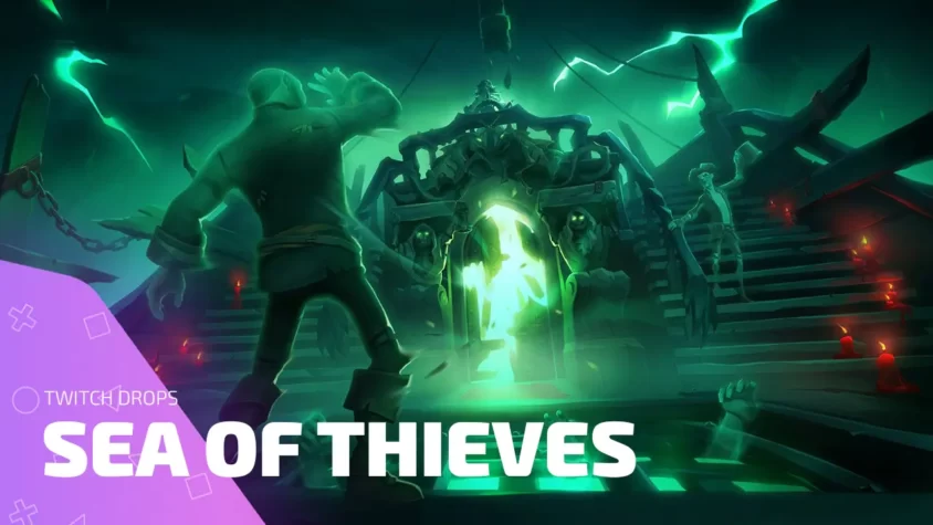 Twitch Drops Sea Of Thieves — корабль призраков и пираты на фоне зелёного света