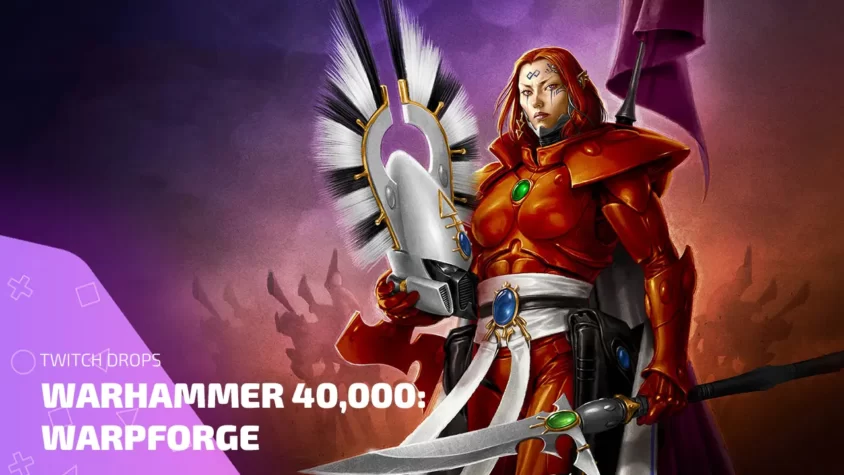 Персонаж из Warhammer 40K Warpforge с мечом и маской на фоне фиолетового света — иллюстрация к Twitch Drops
