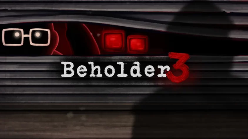 Обложка Beholder 3 Обложка игры Beholder 3 с силуэтом наблюдателя и зловещими красными глазами за жалюзи