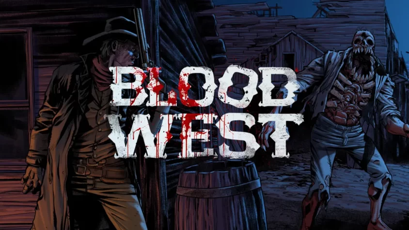 Обложка Blood West: встречайте ковбоя против потустороннего ужаса Ковбой с дробовиком прячется от монстра с ребрами наружу на фоне мрачного Дикого Запада