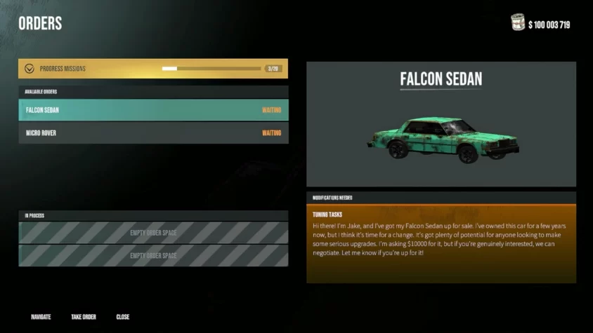 Меню заказов с предложением отремонтировать ржавый Falcon Sedan