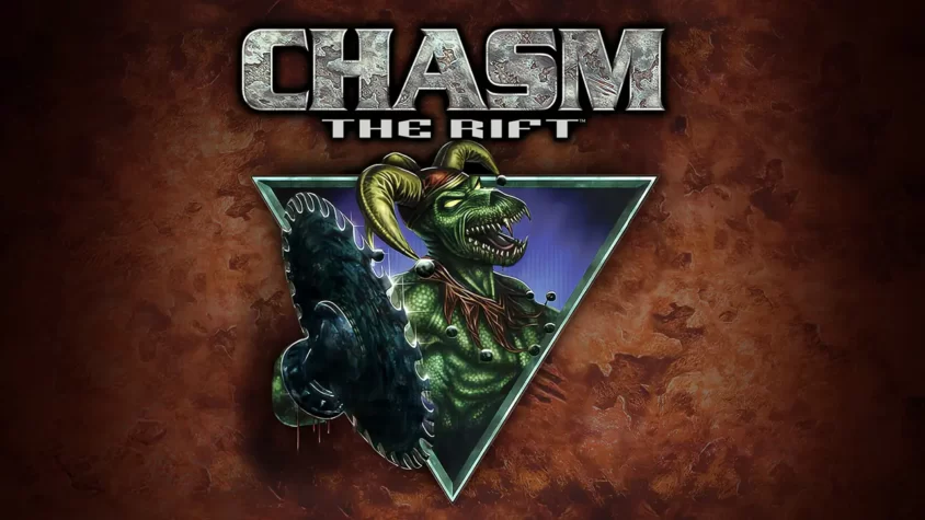 Обложка игры Chasm: The Rift с устрашающим ящером с бензопилой вместо руки