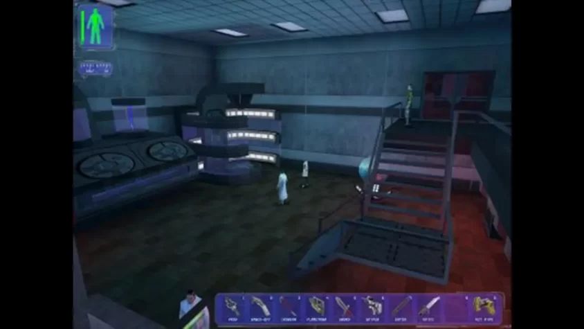 Типичная лаборатория из Deus Ex: холодные стены, голограммы и люди в халатах, у которых всё под контролем — почти