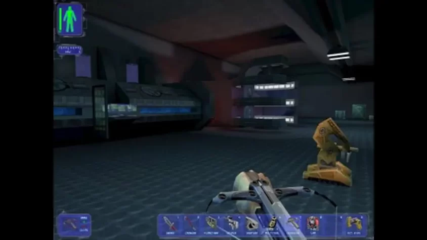 Главный герой Deus Ex целится из арбалета в тени лаборатории, а рядом стоит подозрительно мирный робот