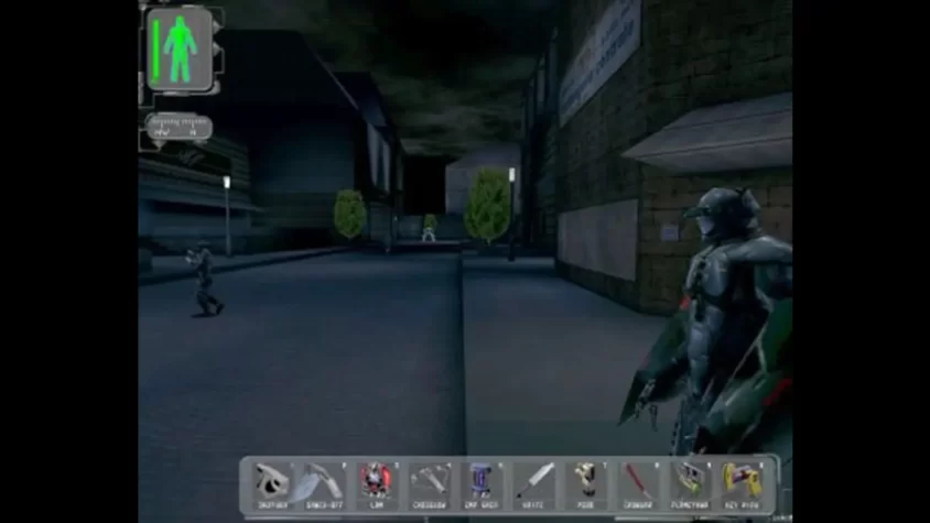 Улицы Deus Ex в ночи, бронированные бойцы патрулируют город, словно в нём осталась хоть капля закона