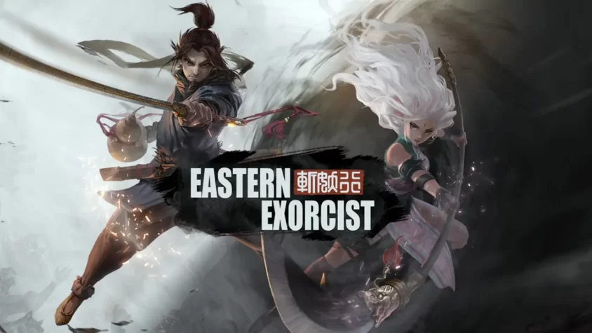 Обложка игры Eastern Exorcist Два яростных воина с мечами в эпичной позе на фоне магической бури