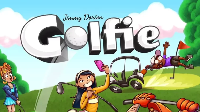 Обложка игры Golfie с мультяшными персонажами, один из которых делает селфи, а другой падает в лунку