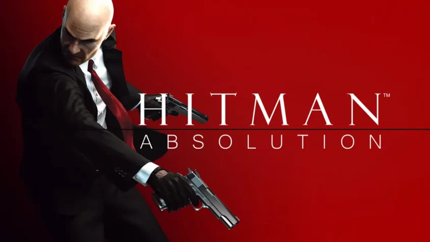 Hitman Absolution Лысый убийца в деловом костюме с двумя пистолетами на ярко-красном фоне