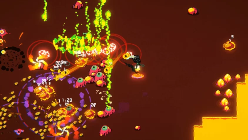Игрок расстреливает толпы цветастых монстров в пылающем аду Hive Jump 2: Survivors
