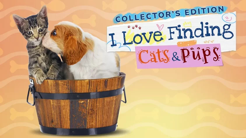Обложка игры I Love Finding Cats & Pups с пушистыми претензиями на милоту Котёнок и щенок пытаются уместиться в одном ведре, нарушая все законы личного пространства
