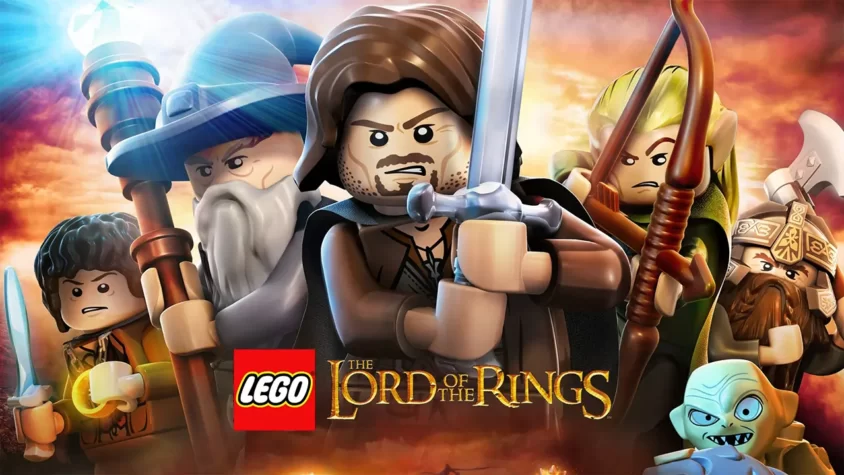 LEGO Властелин колец — эпическая обложка игры Обложка игры LEGO Властелин колец с минифигурками персонажей из Братства кольца в эпичной позе