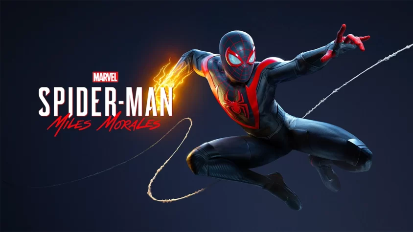 Обложка игры Marvel’s Spider-Man: Miles Morales с динамичным героем Майлз Моралес позирует в прыжке с электрическим кулаком и паутиной на фоне логотипа