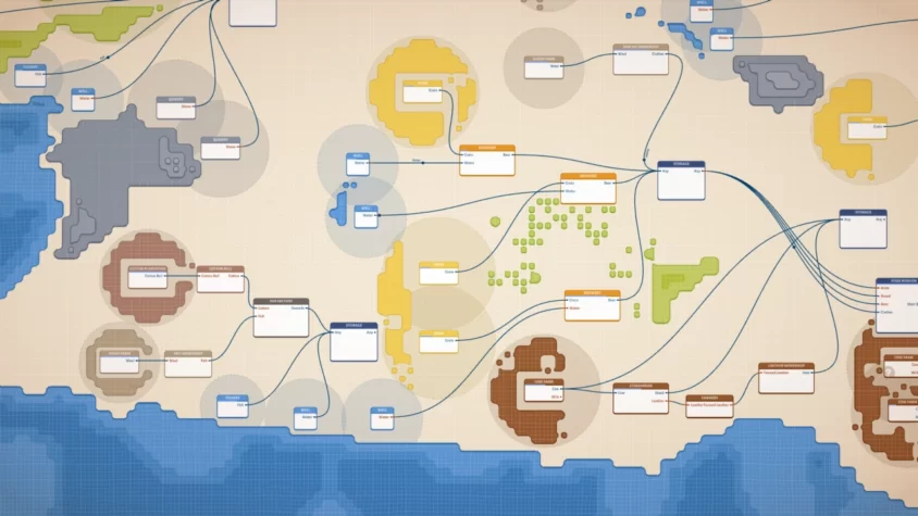 Разветвлённая карта производства с пивоварнями, фермами и складом в Masterplan Tycoon