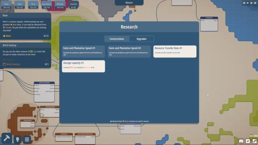 Меню исследований в Masterplan Tycoon с улучшениями скорости ферм и объёма хранилища