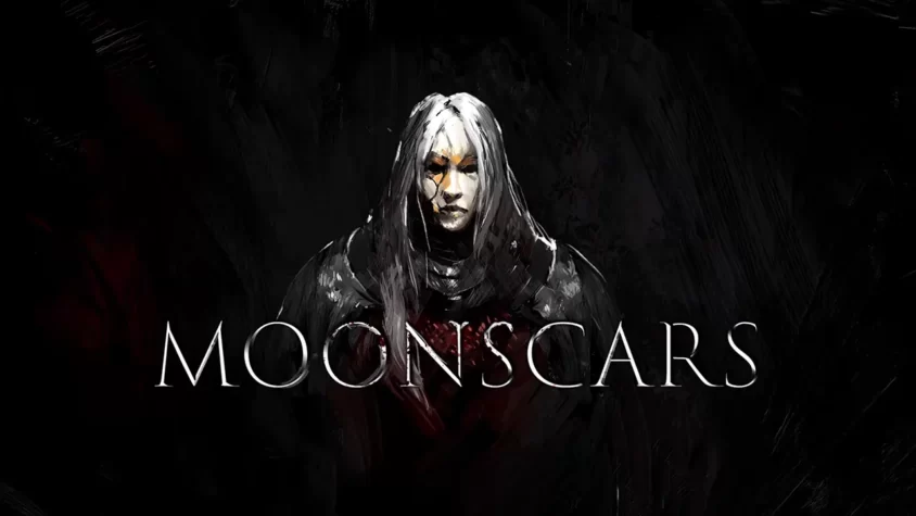 Обложка игры Moonscars Главная героиня с мраморным лицом и печатью страдания на груди, окружённая мраком