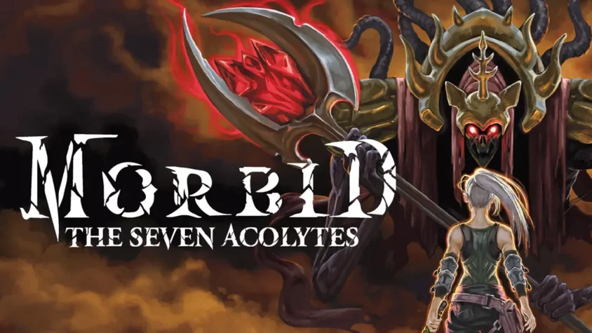 Обложка Morbid: The Seven Acolytes Обложка игры Morbid: The Seven Acolytes с героиней, стоящей перед устрашающим монстром с красными глазами и гигантским оружием