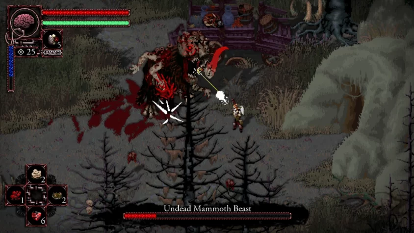 Героиня сражается с огромным гниющим чудовищем по имени Undead Mammoth Beast среди туманных деревьев и повозки