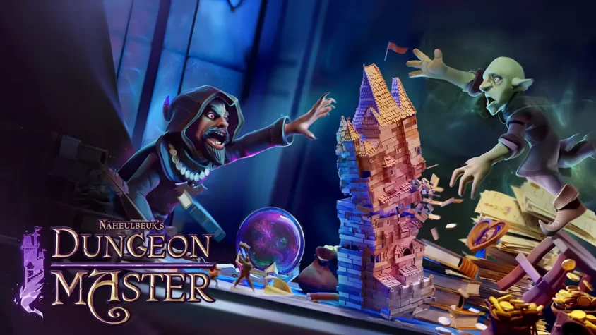 Обложка Naheulbeuk’s Dungeon Master с эпичным падением башни На обложке Naheulbeuk’s Dungeon Master два комичных персонажа отчаянно тянут руки к рушащейся башне из кубиков