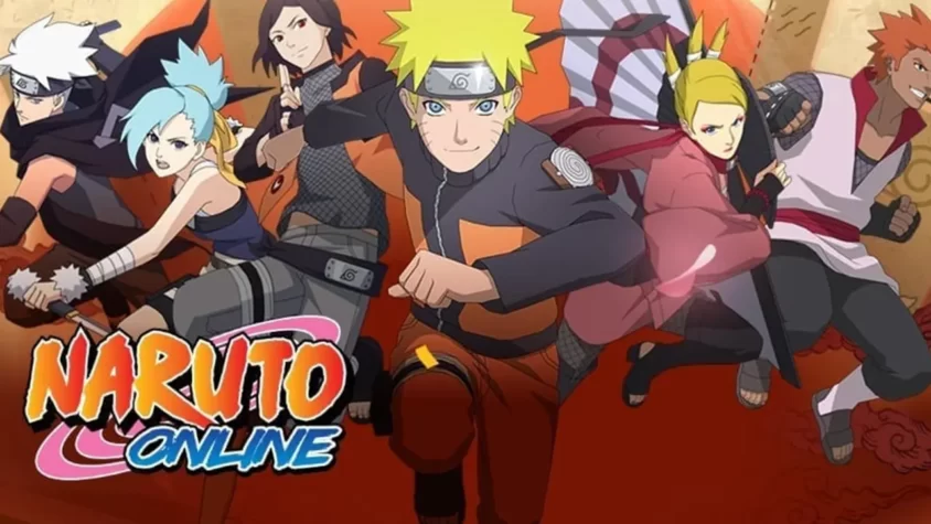 Naruto Online Арт с Наруто и другими ниндзя на фоне логотипа игры