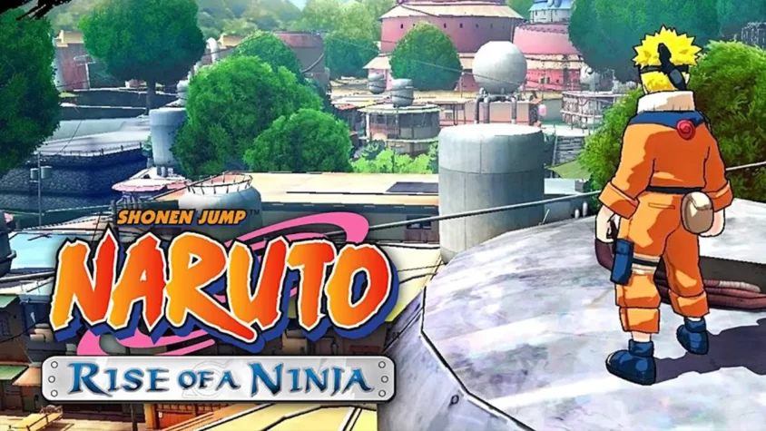Наруто из Naruto: Rise of a Ninja стоит на крыше и смотрит на деревню Коноху