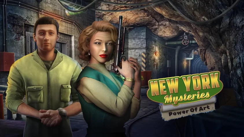 Обложка игры New York Mysteries: Power of Art с героиней и таинственным фоном Главные герои в андерграунде явно настроены на решительные художественные меры