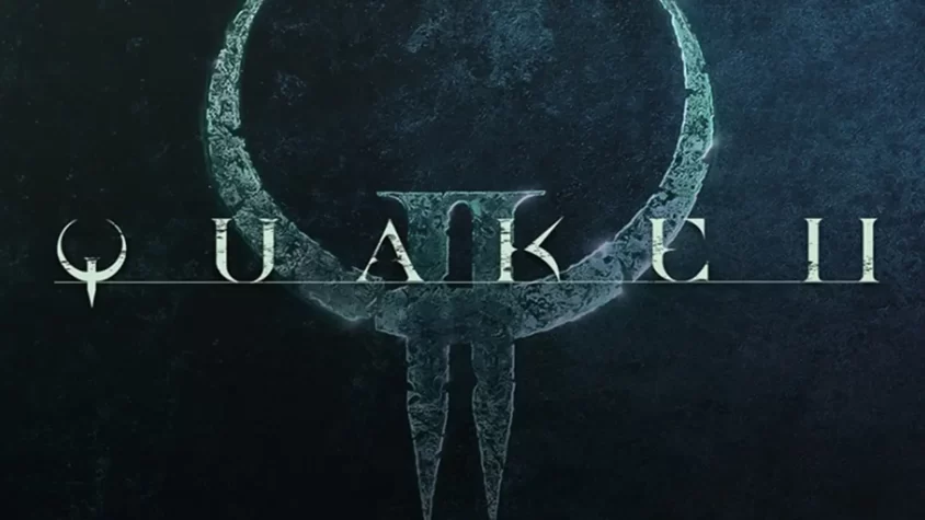 Обложка игры Quake II с мрачным и ржавым логотипом Логотип Quake II с символом, будто вырезанным из куска космической плесени