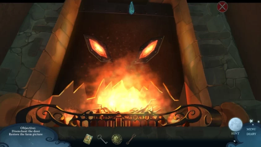 Зловещий камин с глазами демона в игре ReDrawn: The Painted Tower