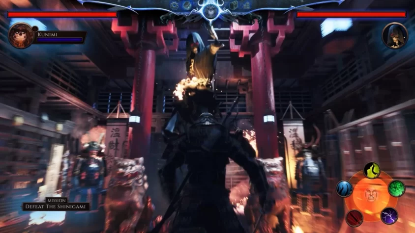 Битва с шинигами в Ronin: Samurai Redemption в окружении храмовых статуй, огня и претенциозности