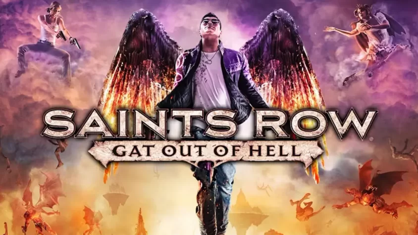Обложка игры Saints Row: Gat out of Hell Джонни Гэт с огненными крыльями позирует как будто собирается спасать ад от здравого смысла