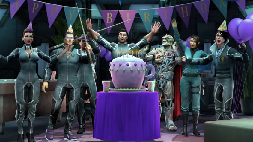Герои Saints Row празднуют день рождения с тортом в виде чашки и бумажными колпаками