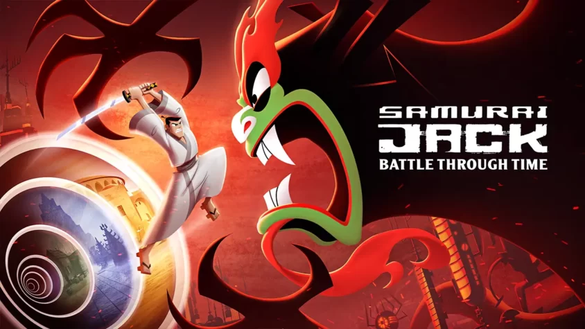 Обложка игры Samurai Jack: Battle Through Time с классической анимацией и драмой Самурай с мечом наперевес бросается в бой с воплощением зла и плохого дизайна