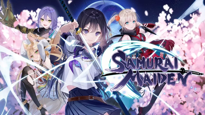 Обложка игры SAMURAI MAIDEN с отрядом боевых школьниц Героини SAMURAI MAIDEN с мечами на фоне цветущей сакуры и луны