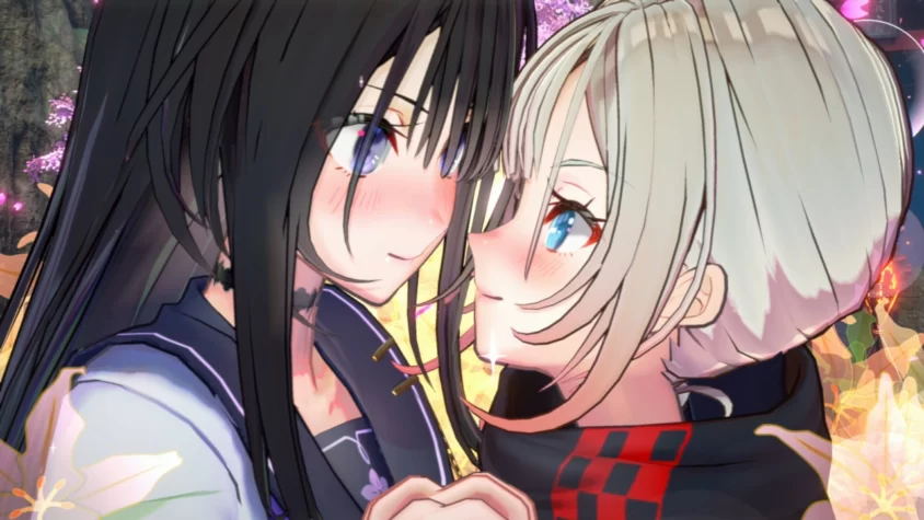 Две героини SAMURAI MAIDEN смотрят друг на друга с румянцем и нежностью