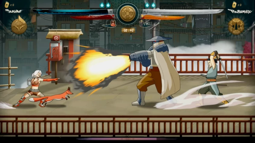 Боевая сцена в Samurai Riot: героиня, лиса, самурай и огнемётный кибер-ковбой выясняют, кто главный