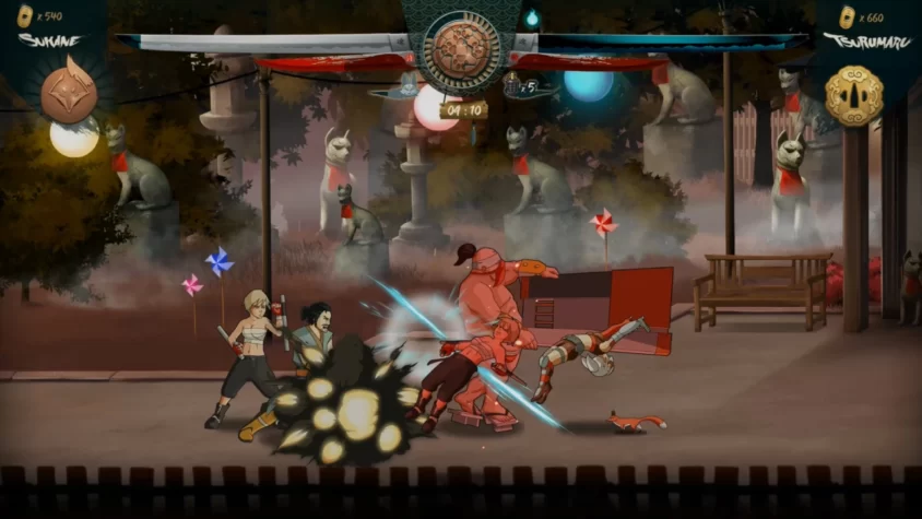 Битва у храма лис в Samurai Riot: повсюду взрывы, удары и падающие тела