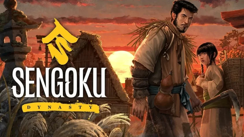 Обложка Sengoku Dynasty с суровым крестьянином и мрачным закатом