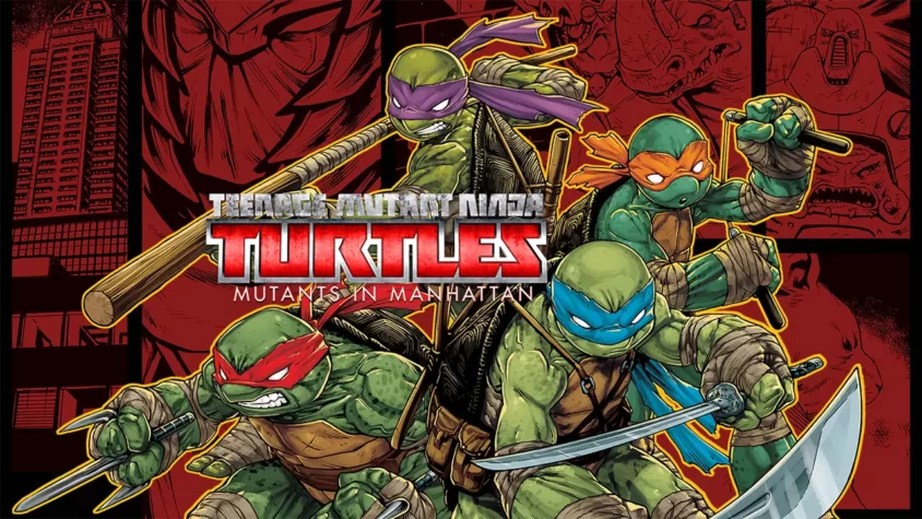 обложка игры Teenage Mutant Ninja Turtles: Mutants in Manhattan с четырьмя черепахами-ниндзя и логотипом