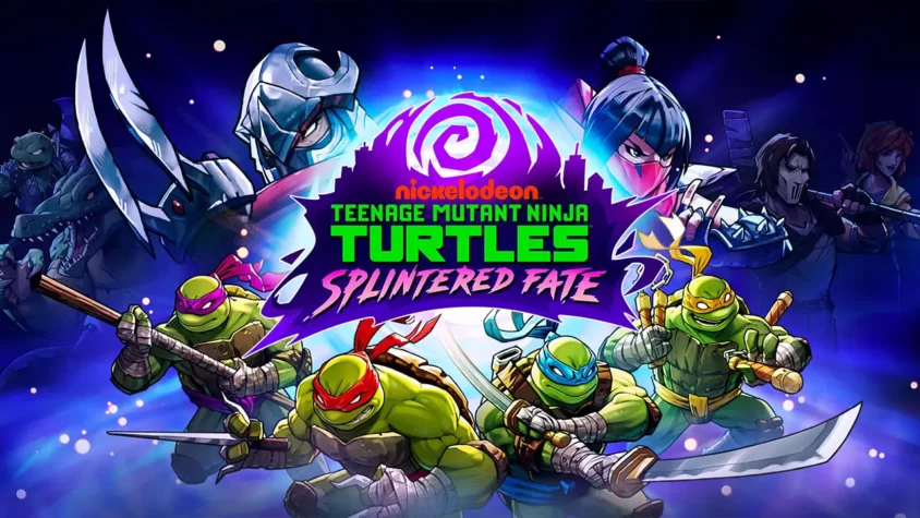 Черепашки-ниндзя в боевом режиме на фоне логотипа Teenage Mutant Ninja Turtles: Splintered Fate