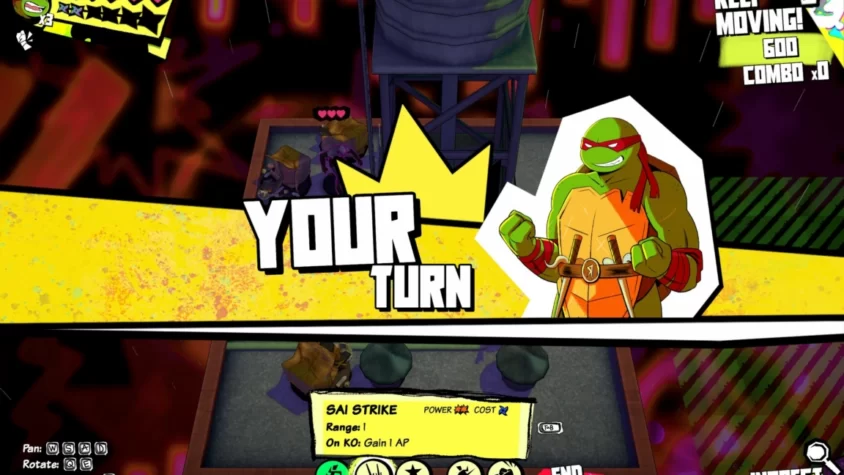 Рафаэль в боевой готовности объявляет свой ход в Teenage Mutant Ninja Turtles: Tactical Takedown